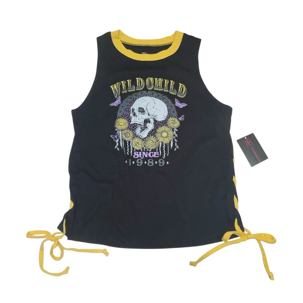 Wild Child Skull Graphic Girls Black Tank Top Juniors Size Med Side Laces NWT